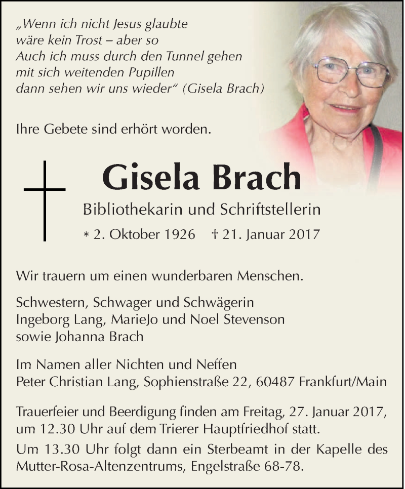  Traueranzeige für Gisela Brach vom 25.01.2017 aus trierischer_volksfreund