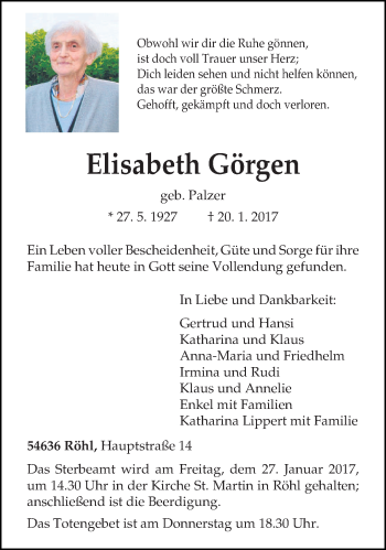 Traueranzeige von Elisabeth Görgen von trierischer_volksfreund