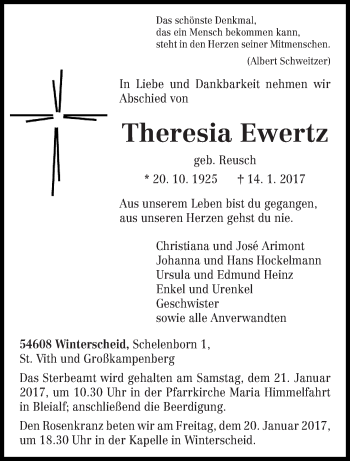 Traueranzeige von Theresia Ewertz von trierischer_volksfreund