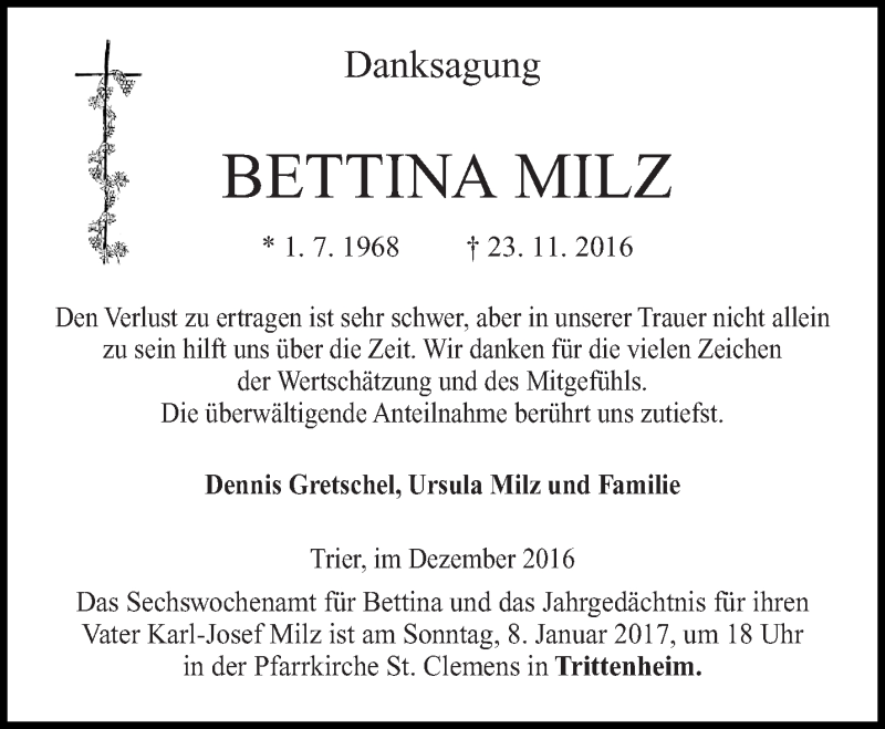  Traueranzeige für Bettina Milz vom 31.12.2016 aus trierischer_volksfreund