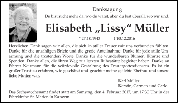 Traueranzeige von Elisabeth Müller von trierischer_volksfreund