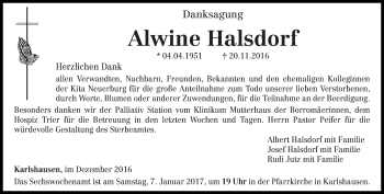 Traueranzeige von Alwine Halsdorf von trierischer_volksfreund