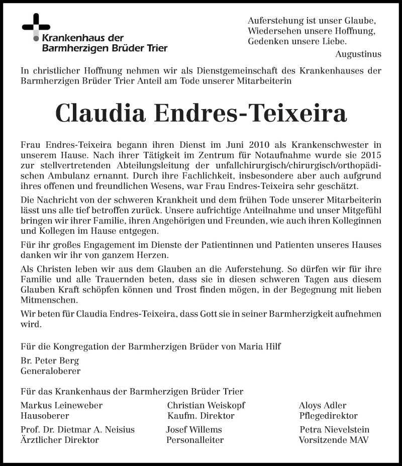  Traueranzeige für Claudia Endres-Teixeira vom 28.01.2017 aus trierischer_volksfreund