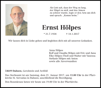 Traueranzeige von Ernst Hölpes von trierischer_volksfreund