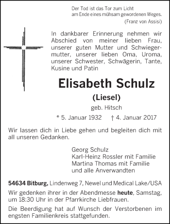 Traueranzeige von Elisabeth (Liesel) Schulz von trierischer_volksfreund