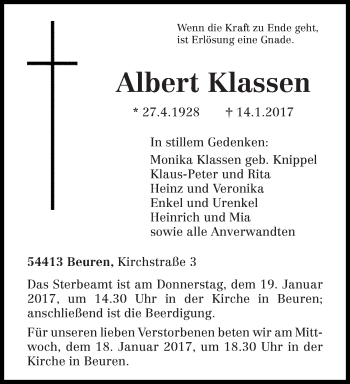 Traueranzeige von Albert Klassen von trierischer_volksfreund