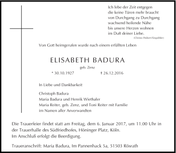 Traueranzeige von Elisabeth Badura von trierischer_volksfreund