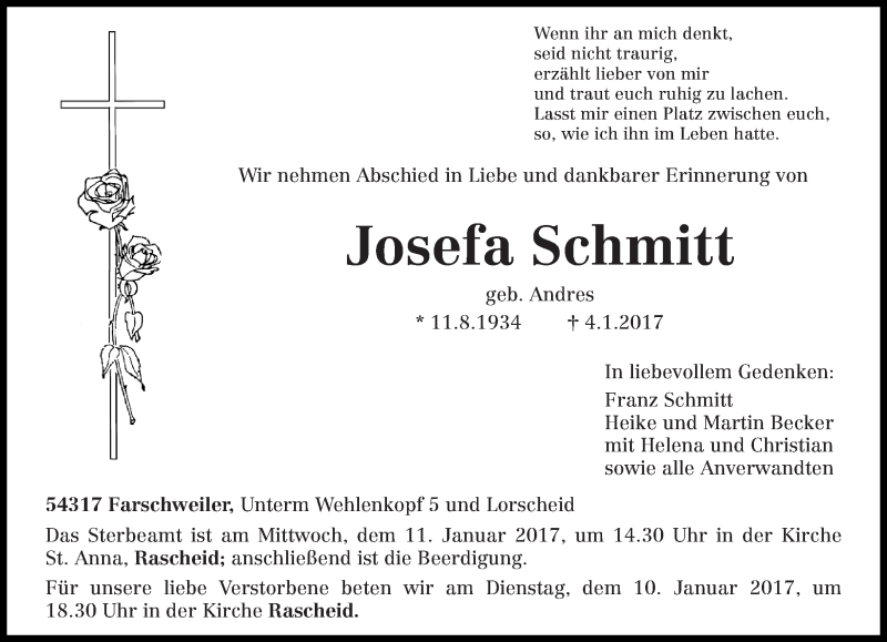  Traueranzeige für Josefa Schmitt vom 07.01.2017 aus trierischer_volksfreund