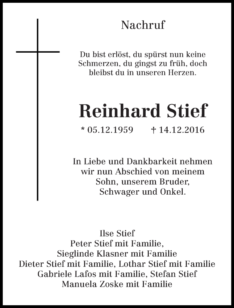  Traueranzeige für Reinhard Stief vom 14.01.2017 aus trierischer_volksfreund
