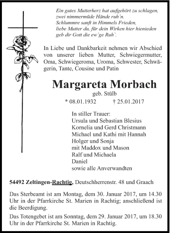 Traueranzeige von Margareta Morbach von trierischer_volksfreund