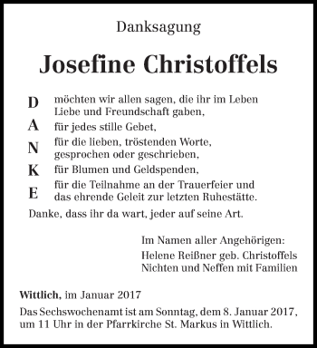 Traueranzeige von Josefine Christoffels von trierischer_volksfreund