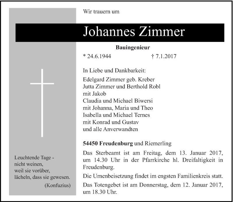  Traueranzeige für Johannes Zimmer vom 10.01.2017 aus trierischer_volksfreund
