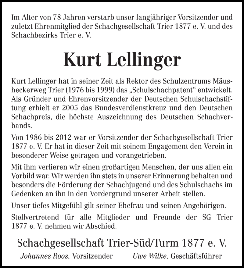 Traueranzeige für Kurt Lellinger vom 14.01.2017 aus trierischer_volksfreund