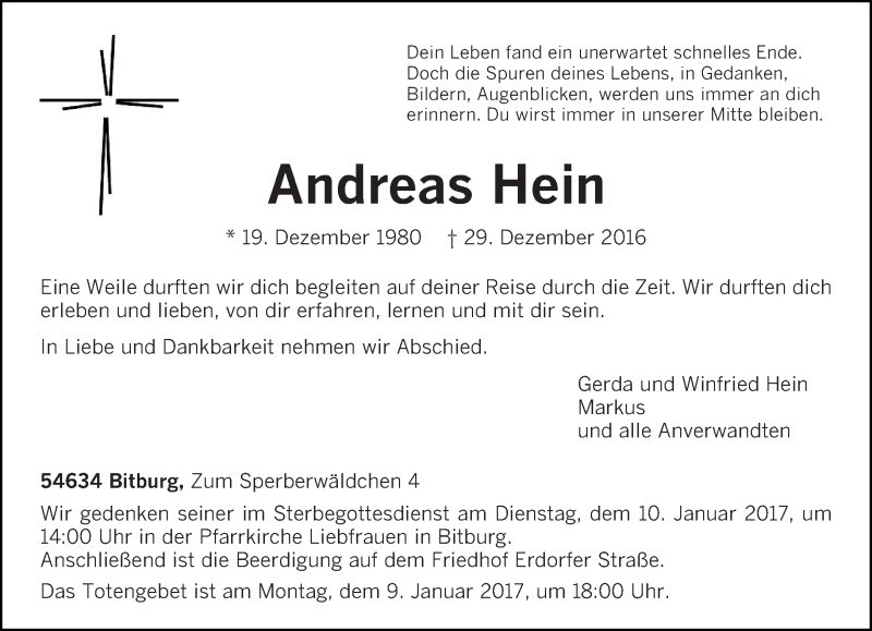  Traueranzeige für Andreas Hein vom 05.01.2017 aus trierischer_volksfreund