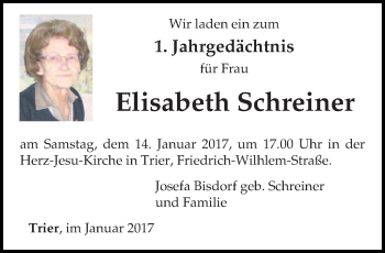 Traueranzeige von Elisabeth Schreiner von trierischer_volksfreund