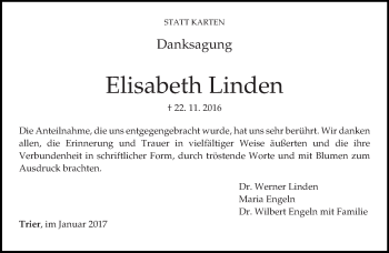 Traueranzeige von Elisabeth Linden von trierischer_volksfreund