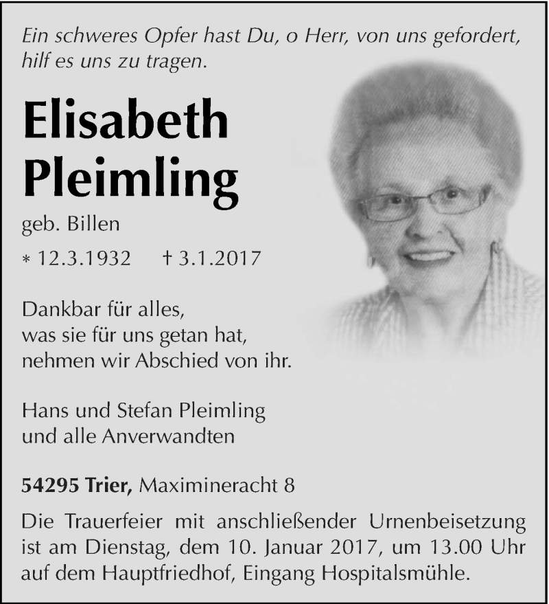  Traueranzeige für Elisabeth Pleimling vom 07.01.2017 aus trierischer_volksfreund