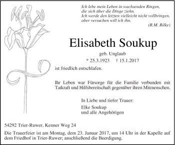 Traueranzeige von Elisabeth Soukup von trierischer_volksfreund