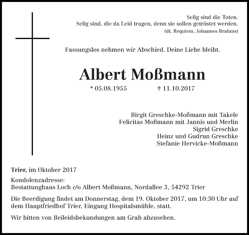  Traueranzeige für Albert Moßmann vom 16.10.2017 aus trierischer_volksfreund