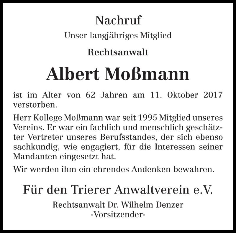  Traueranzeige für Albert Moßmann vom 17.10.2017 aus trierischer_volksfreund