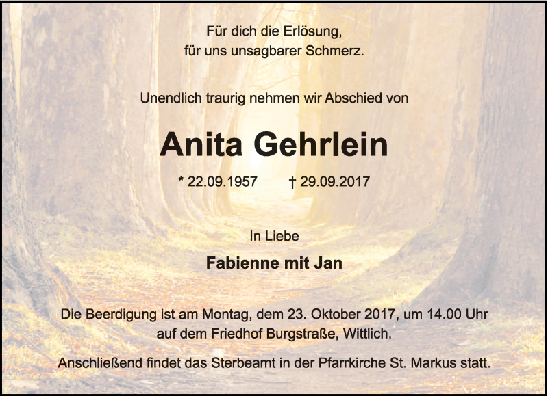  Traueranzeige für Anita Gehrlein vom 18.10.2017 aus trierischer_volksfreund