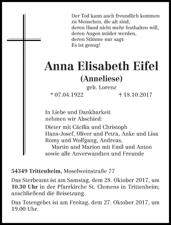 Traueranzeige von Anna Elisabeth Eifel von trierischer_volksfreund