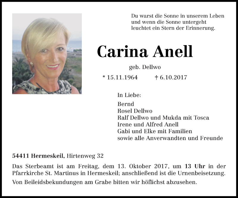  Traueranzeige für Carina Anell vom 10.10.2017 aus trierischer_volksfreund