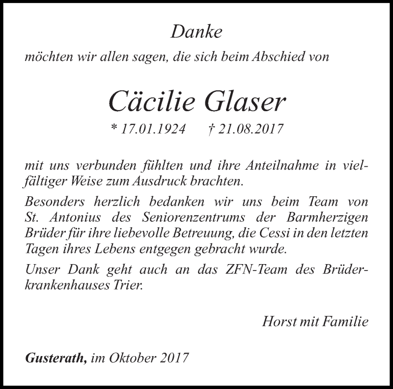  Traueranzeige für Cäcilie  Glaser vom 18.10.2017 aus trierischer_volksfreund