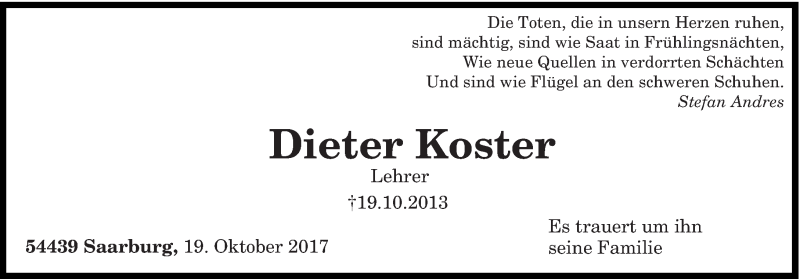  Traueranzeige für Dieter Koster vom 19.10.2017 aus trierischer_volksfreund