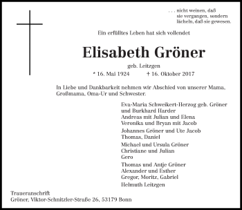Traueranzeige von Elisabeth Gröner von trierischer_volksfreund