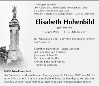Traueranzeige von Elisabeth Hohenbild von trierischer_volksfreund
