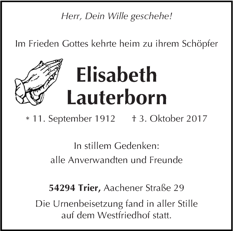  Traueranzeige für Elisabeth Lauterborn vom 10.10.2017 aus trierischer_volksfreund
