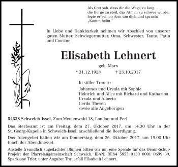 Traueranzeige von Elisabeth Lehnert von trierischer_volksfreund