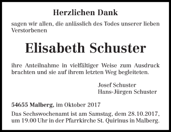 Traueranzeige von Elisabeth Schuster von trierischer_volksfreund