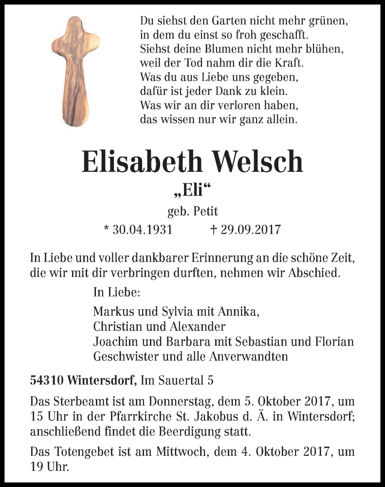  Traueranzeige für Elisabeth Welsch vom 02.10.2017 aus trierischer_volksfreund
