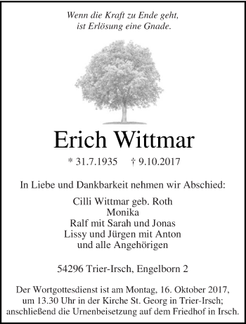 Traueranzeige von Erich Wittmar von trierischer_volksfreund