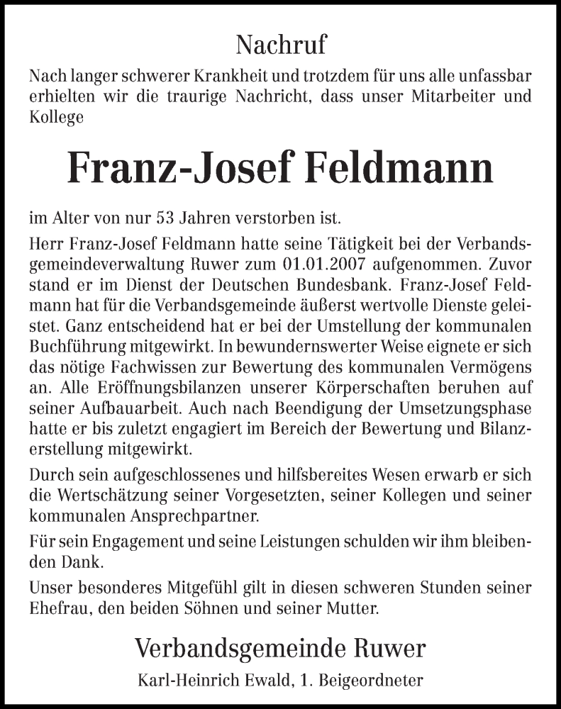  Traueranzeige für Franz-Josef Feldmann vom 18.10.2017 aus trierischer_volksfreund