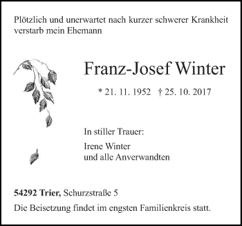 Traueranzeige von Franz-Josef Winter von trierischer_volksfreund