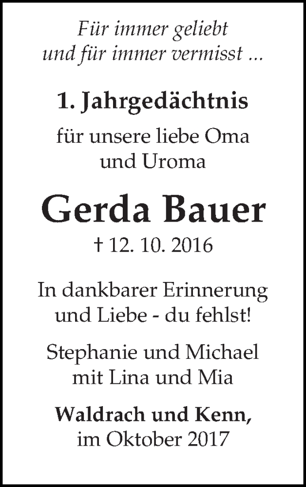  Traueranzeige für Gerda Bauer vom 12.10.2017 aus trierischer_volksfreund