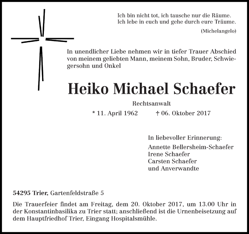  Traueranzeige für Heiko Michael Schaefer vom 14.10.2017 aus trierischer_volksfreund