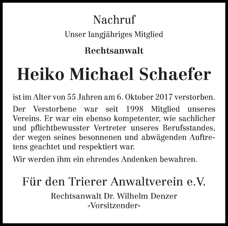  Traueranzeige für Heiko Michael Schaefer vom 17.10.2017 aus trierischer_volksfreund