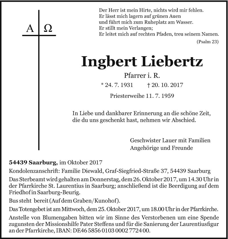  Traueranzeige für Ingbert Liebertz vom 24.10.2017 aus trierischer_volksfreund