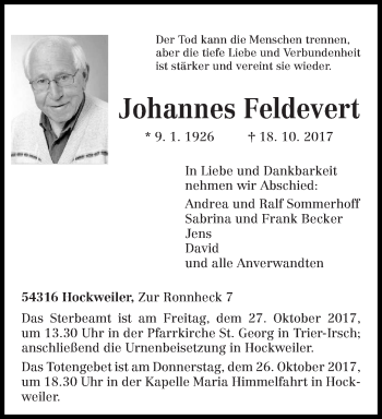 Traueranzeige von Johannes Feldevert von trierischer_volksfreund