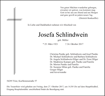 Traueranzeige von Josefa Schlindwein von trierischer_volksfreund