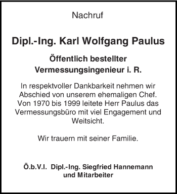 Traueranzeige von Karl Wolfgang Paulus von trierischer_volksfreund