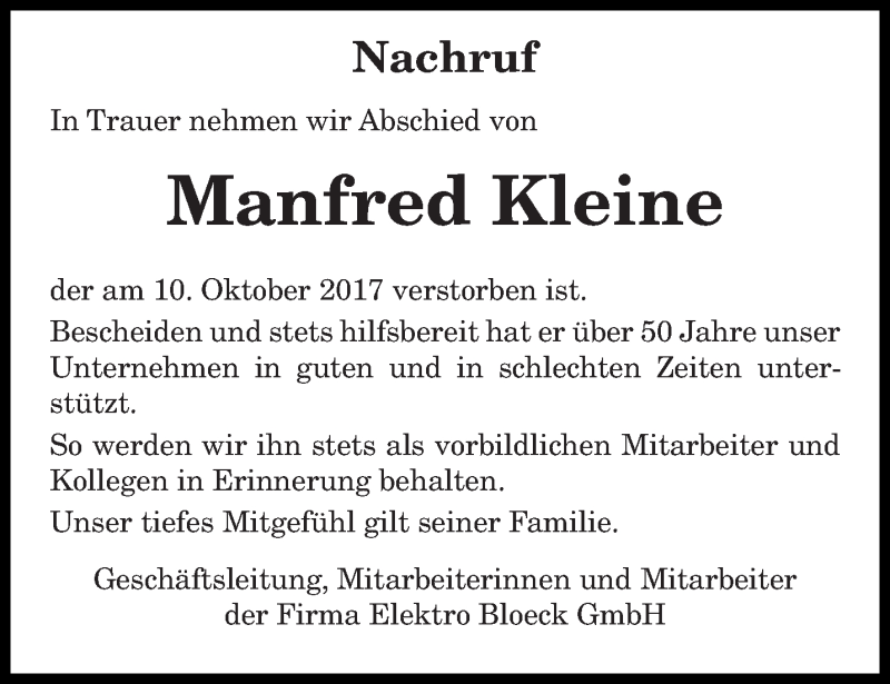  Traueranzeige für Manfred Kleine vom 18.10.2017 aus trierischer_volksfreund