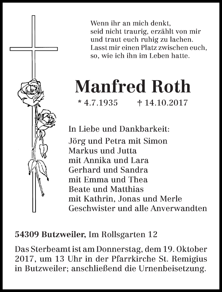  Traueranzeige für Manfred Roth vom 17.10.2017 aus trierischer_volksfreund