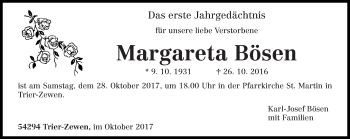 Traueranzeige von Margareta Bösen von trierischer_volksfreund