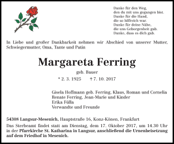 Traueranzeige von Margareta Ferring von trierischer_volksfreund
