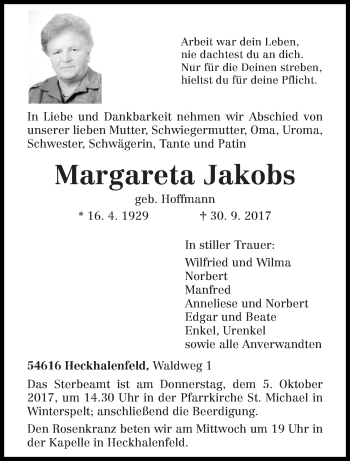 Traueranzeige von Margareta Jakobs von trierischer_volksfreund
